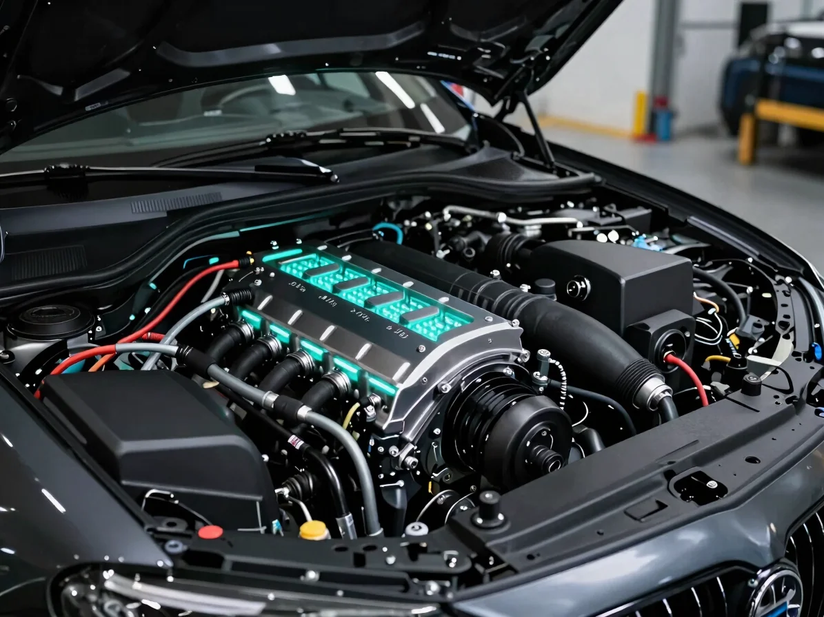 Dark automotive engine bay illuminated by turquoise led lighting,