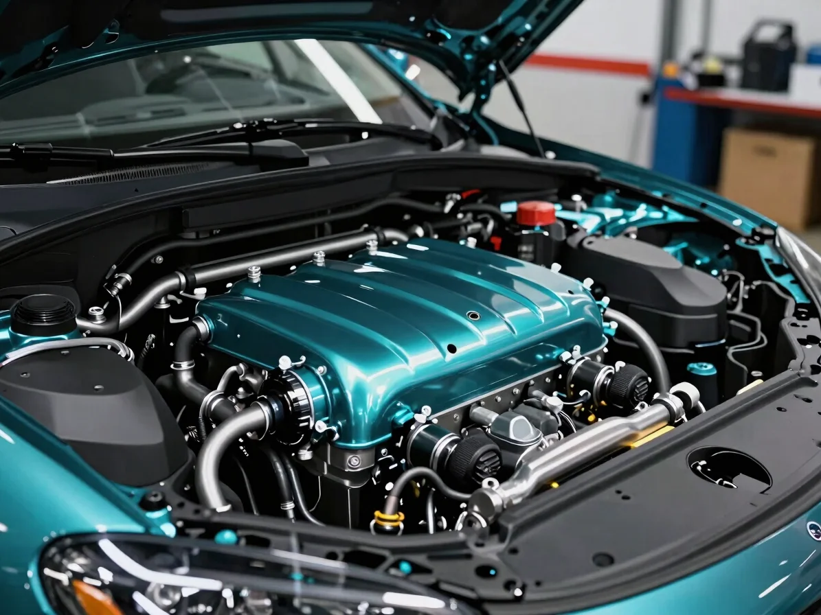 Engine bay with fuel rail close up, sleek turquoise light reflect
