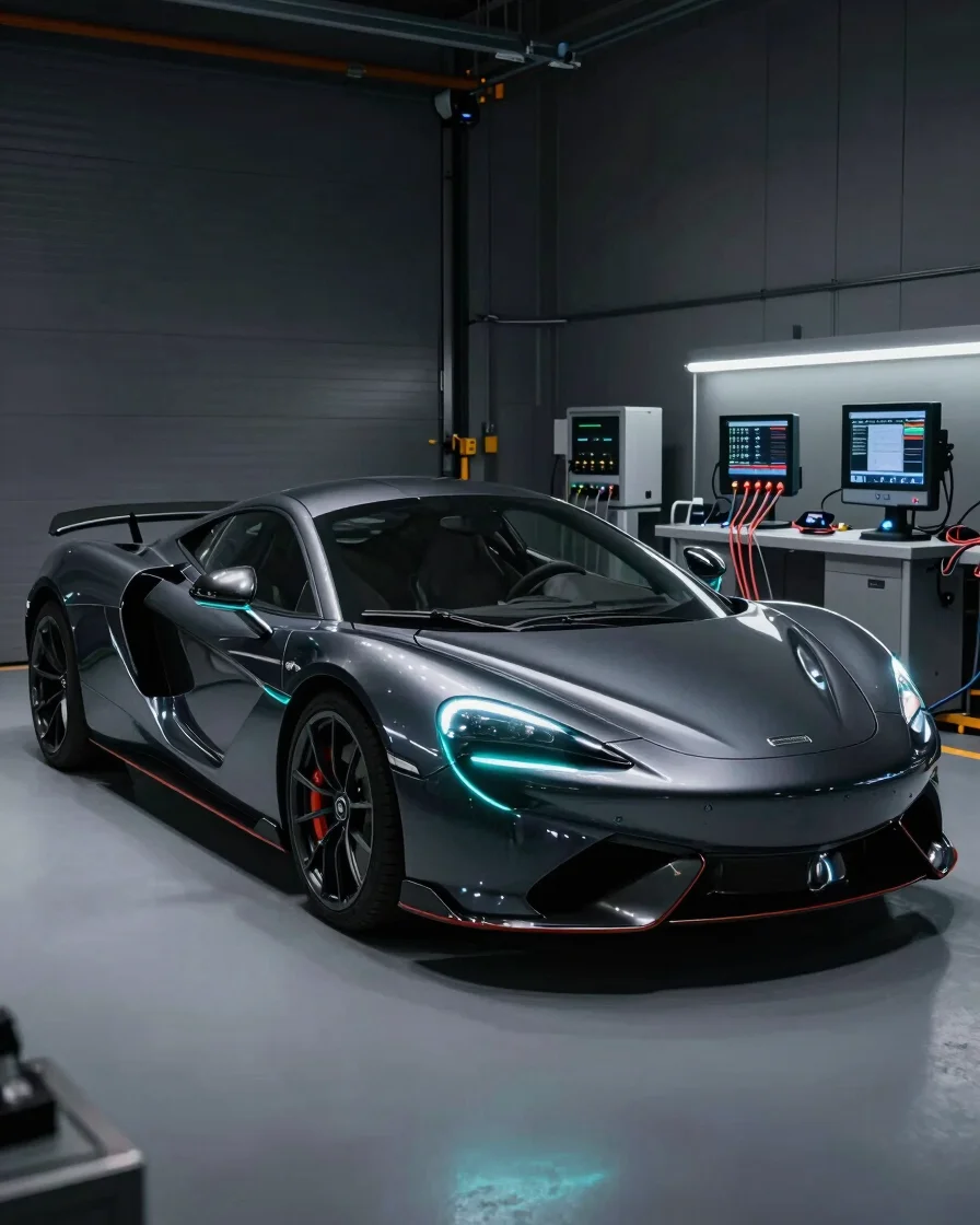 Sleek dark sports car in a dimly lit high-tech automotive workshop in Saint-Nazaire, glowing turquoise accent lines, dia
