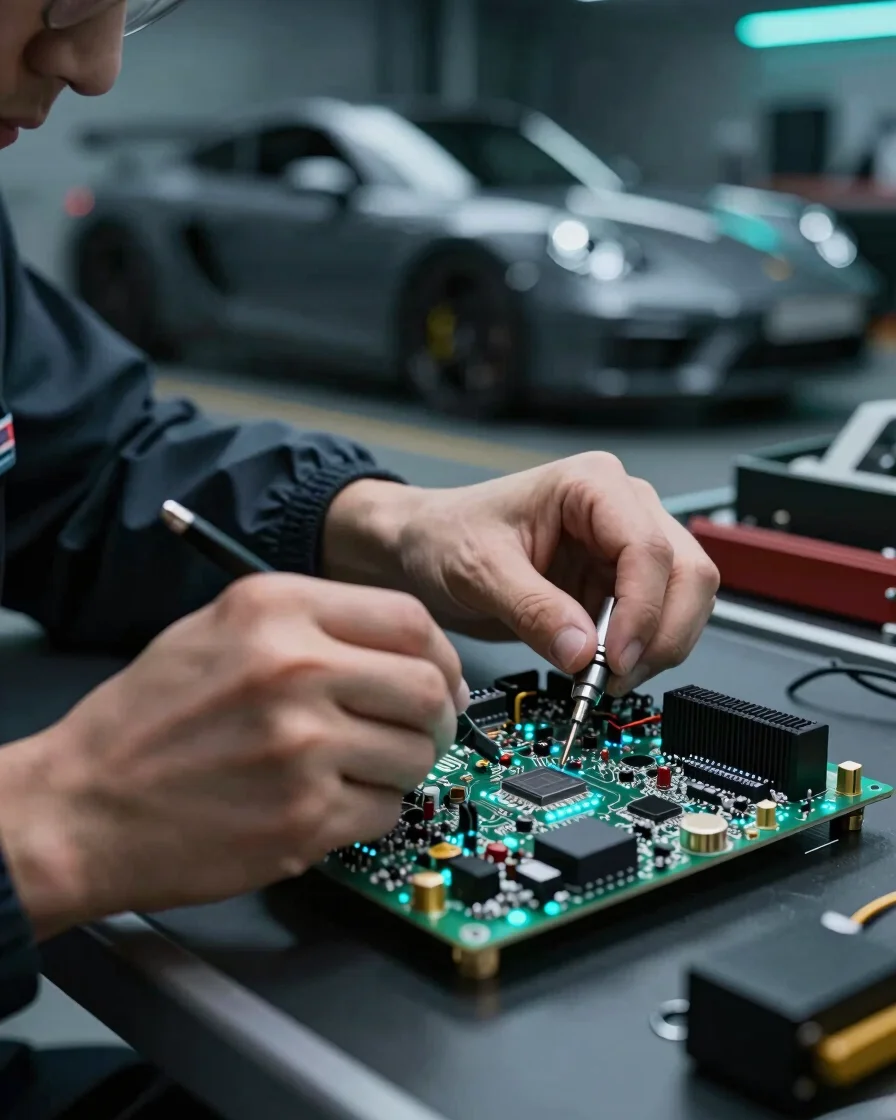 Close-up of a technician working on an ECU circuit board at a ultra-clean illuminated workbench, subtle turquoise LED hi